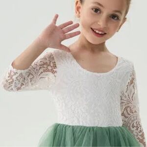 2 BUNNIES Youth Flower Girl Dress In Sage Tiered White Lace Tulle Wedding Party